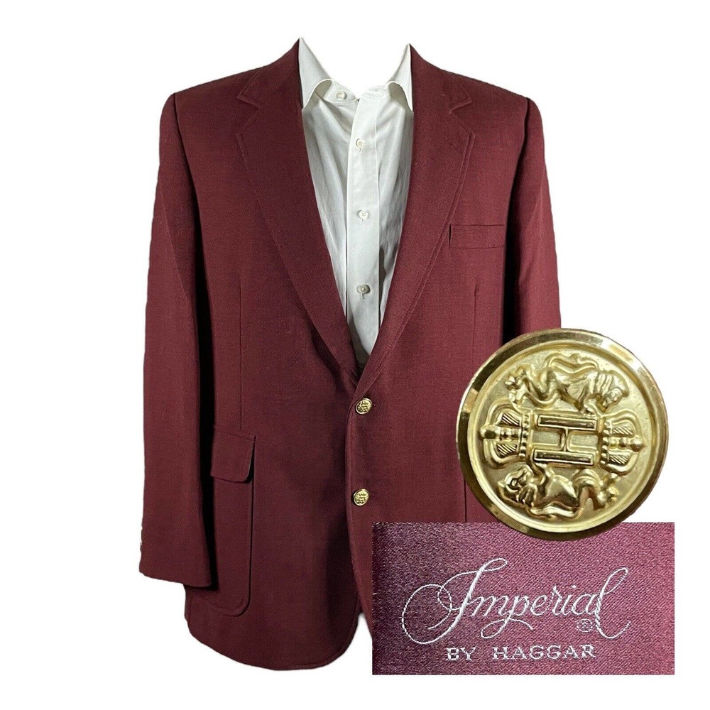 Vintage Haggar Imperial Blazer Mens 44S Burgundy Red Two Gold Buttons